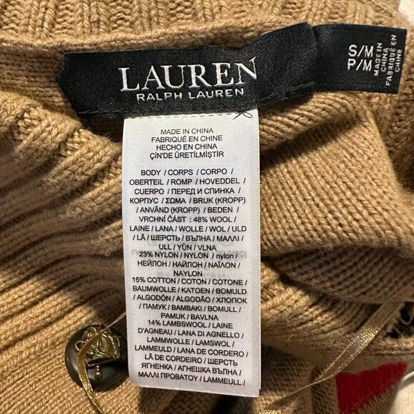 NWT Lauren Ralph Lauren Striped Wool Blend Poncho Camel S/M - Picture 7 of 7